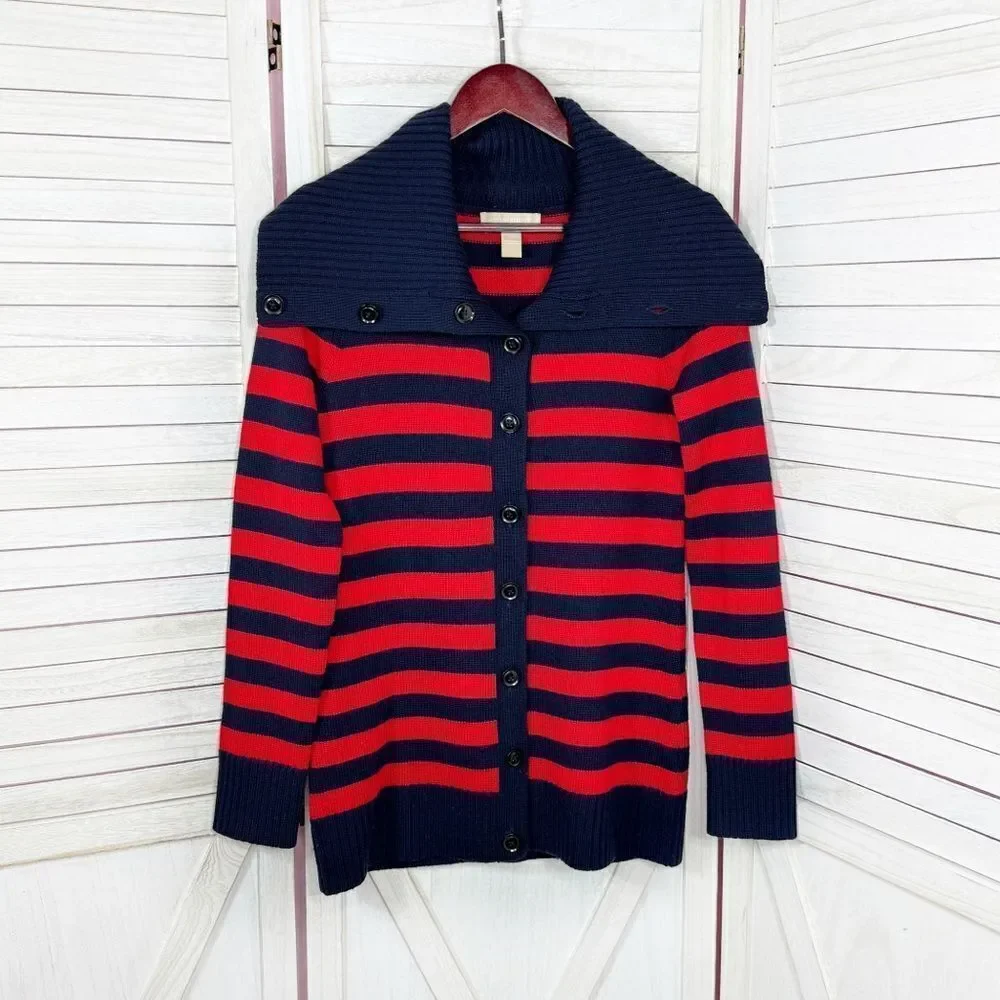Banana Republic Striped Shawl Collar Button Up Cardigan Sweater Red Blue‎ Small
